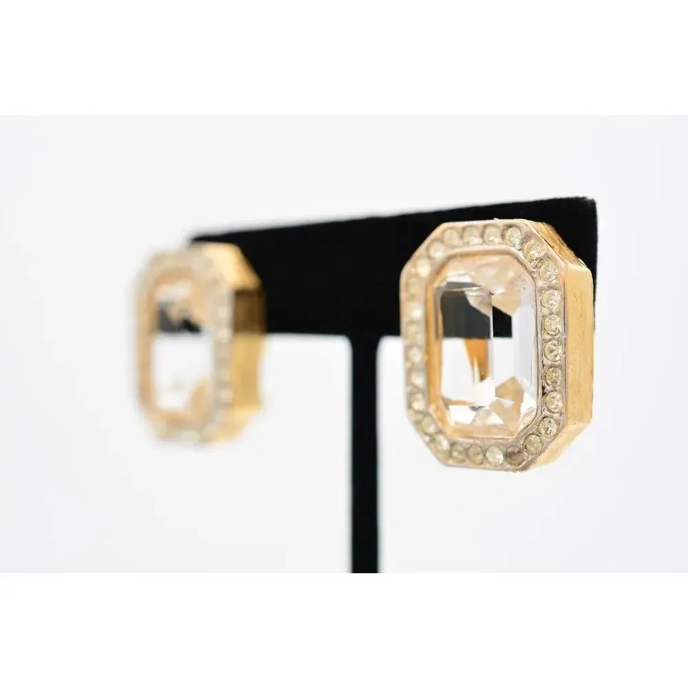 Vintage Crystal Clip On Earrings Peach Rhinestone Baguette Gold Chunky 1980s 9L